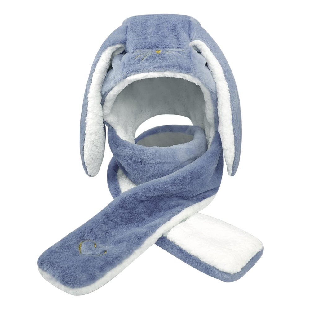 RUIXIA Women Girls Lovely Cartoon Bunny Ears Hat Scarf Gloves 3-in-1 Set Plush Fluffy Warm Hoodie Hat with Scarf Pocket Mitts Blue, One size