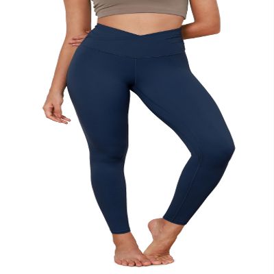 ODODOS Women's Cross Waist Full Length Yoga Leggings with Inner Pocket, Inseam 28" Gathered Crossover Workout Yoga Pants, Navy, X-Large