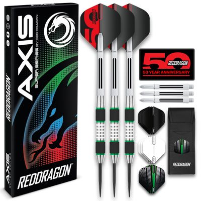 RED DRAGON Darts - Axis 24 Gram Green Tungsten Darts Set with Flights, Shafts (Stems) and Wallet