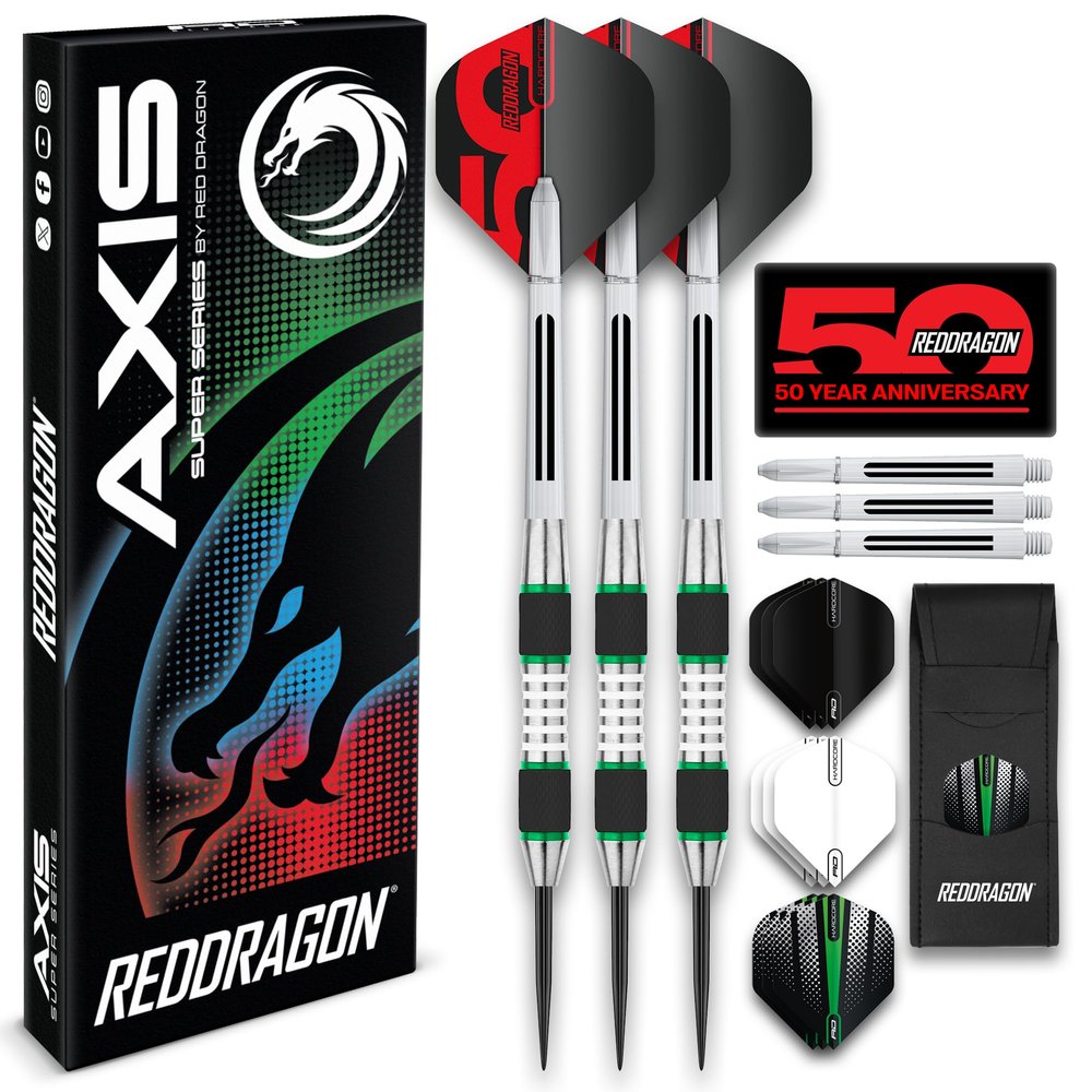 RED DRAGON Darts - Axis 24 Gram Green Tungsten Darts Set with Flights, Shafts (Stems) and Wallet