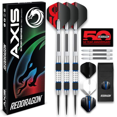 RED DRAGON Darts - Axis 24 Gram Blue Tungsten Darts Set with Flights, Shafts (Stems) and Wallet