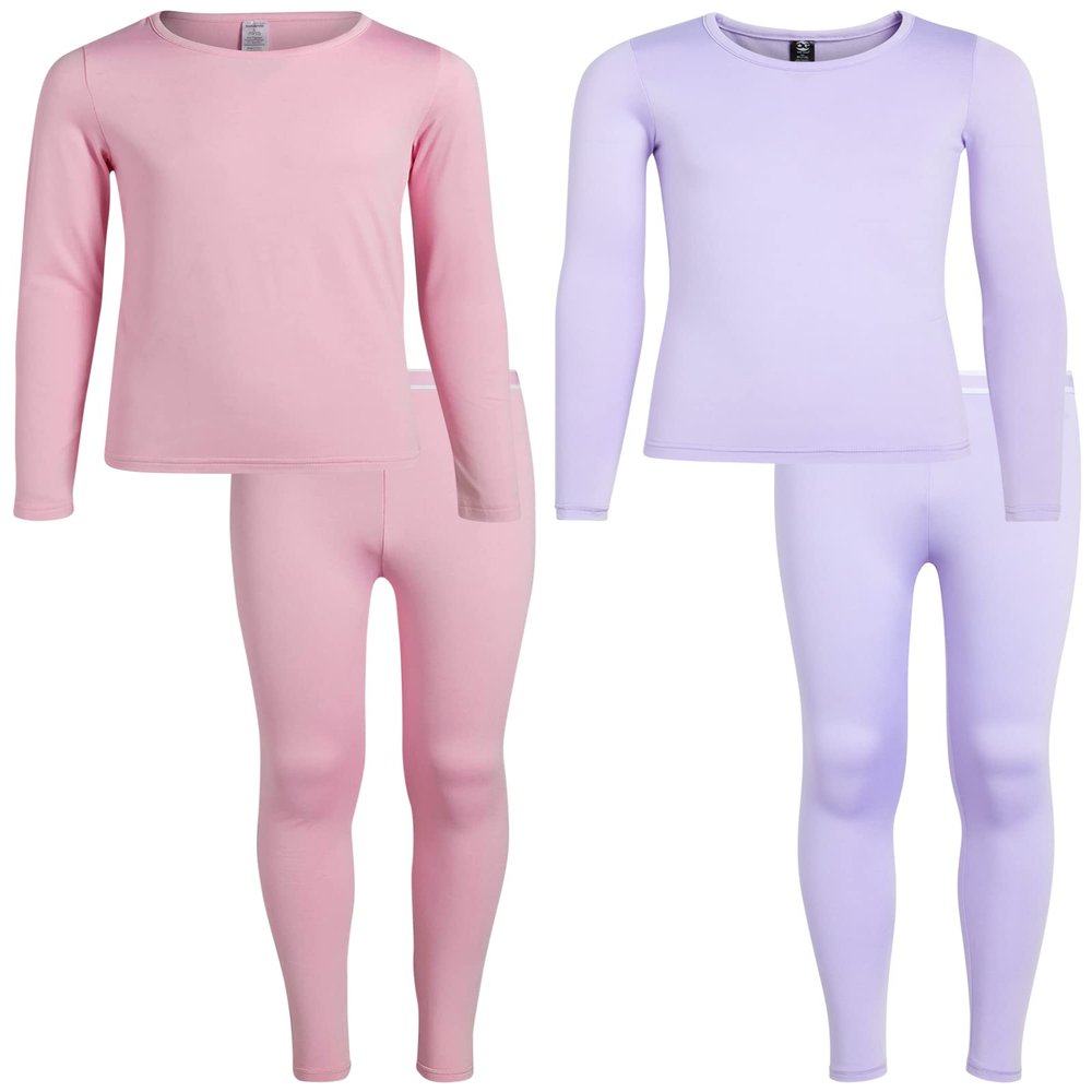 Rene Rofe Girls Performance Thermal Underwear Set - 4 Piece Cozy Fleece Long Johns Base Layer Set for Girls, Size 4T, Pink/Lavender