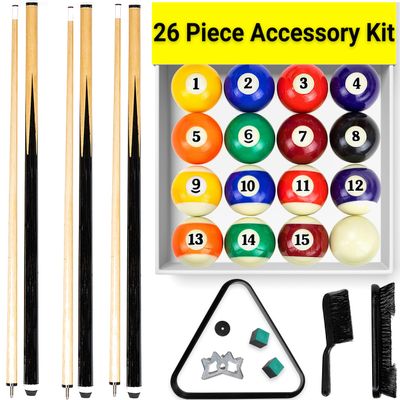 Freetime Fun Pool Table Accessories Including Billiard Balls, Pool Cues, Chalk, 8 Ball Triangle, Pool Table Brush - 26 Piece Billiard Accessories Set