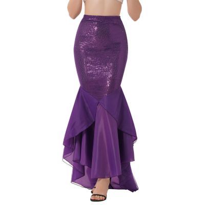 Yartina Women's Mermaid Tail Dress Princess Shiny Asymmetric Long Tail Skirt Halloween Cosplay Party Costume Purple XX-Large