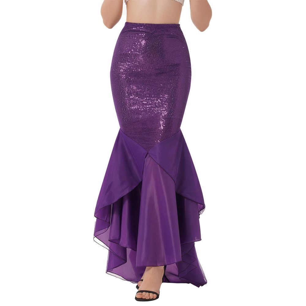 Yartina Women's Mermaid Tail Dress Princess Shiny Asymmetric Long Tail Skirt Halloween Cosplay Party Costume Purple XX-Large