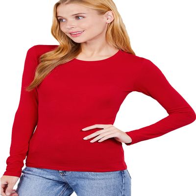 JYB CO Womens Basic Active Slim Fit Crew Neck Long Sleeve Top T-Shirt in Red -M