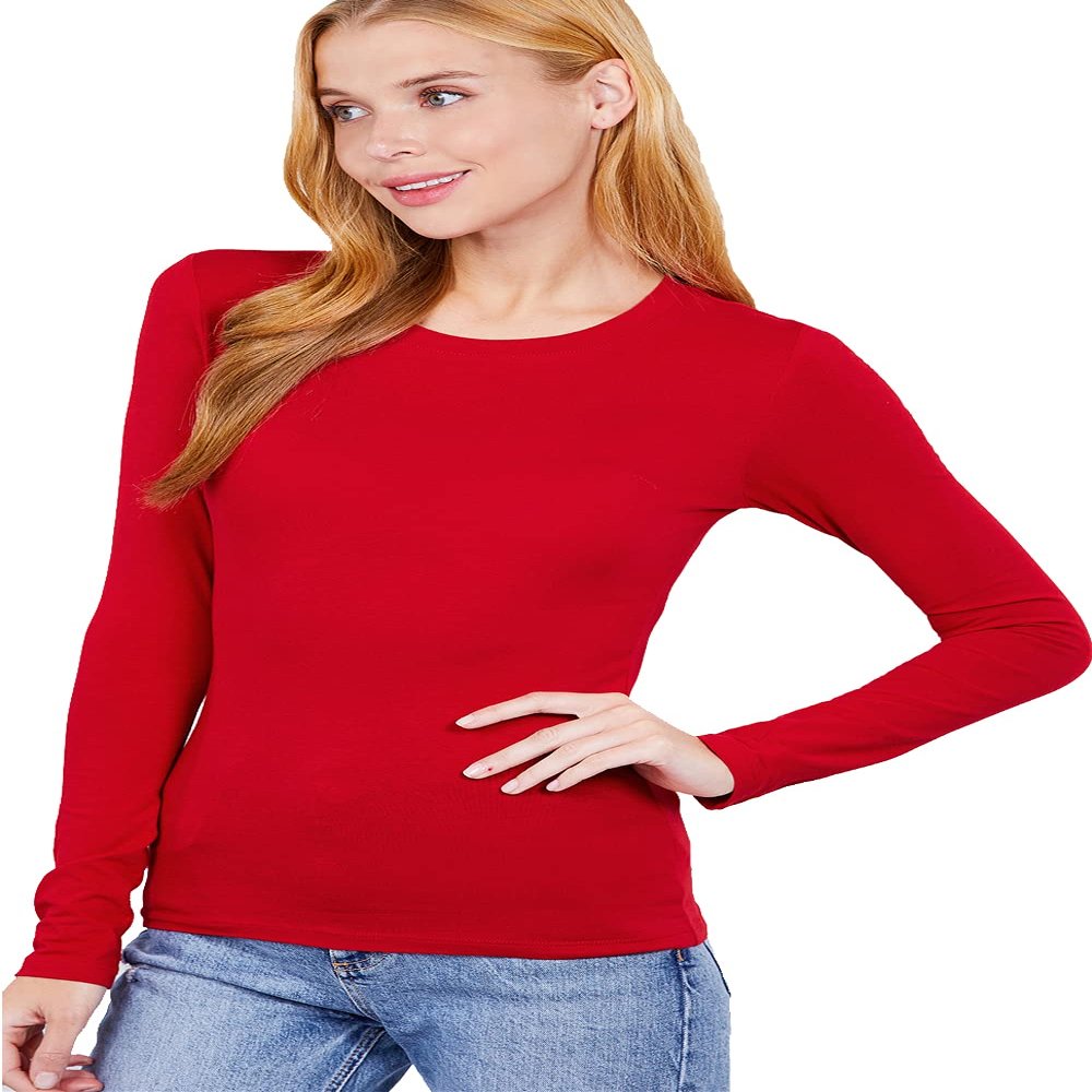 JYB CO Womens Basic Active Slim Fit Crew Neck Long Sleeve Top T-Shirt in Red -M