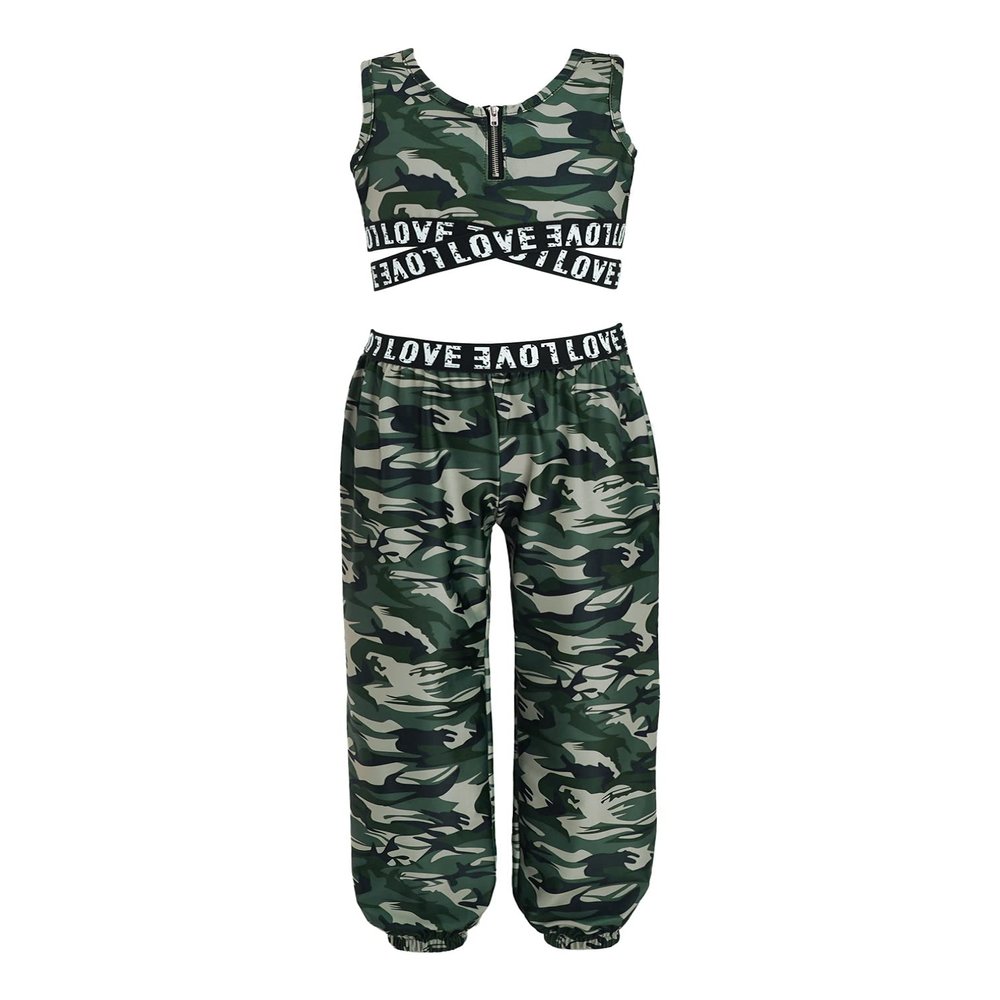 easyforever Girls Active Camouflage 2 Pcs Crop Tank Tops with Leggings Set Sport Gymnastics Dance Outfit Performance Camouflage Green Sleeveless 6