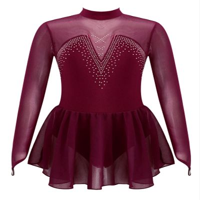 winying Girls Shiny Long Sleeves Mock/Round Neck Keyhole Back Roller Ice Figure Skating Dress Ballet Dancewear Burgundy B 10 Years