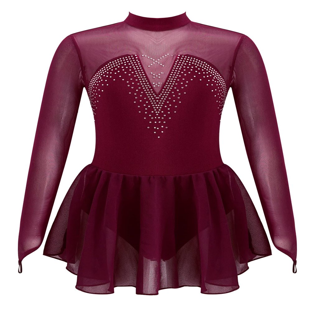 winying Girls Shiny Long Sleeves Mock/Round Neck Keyhole Back Roller Ice Figure Skating Dress Ballet Dancewear Burgundy B 10 Years