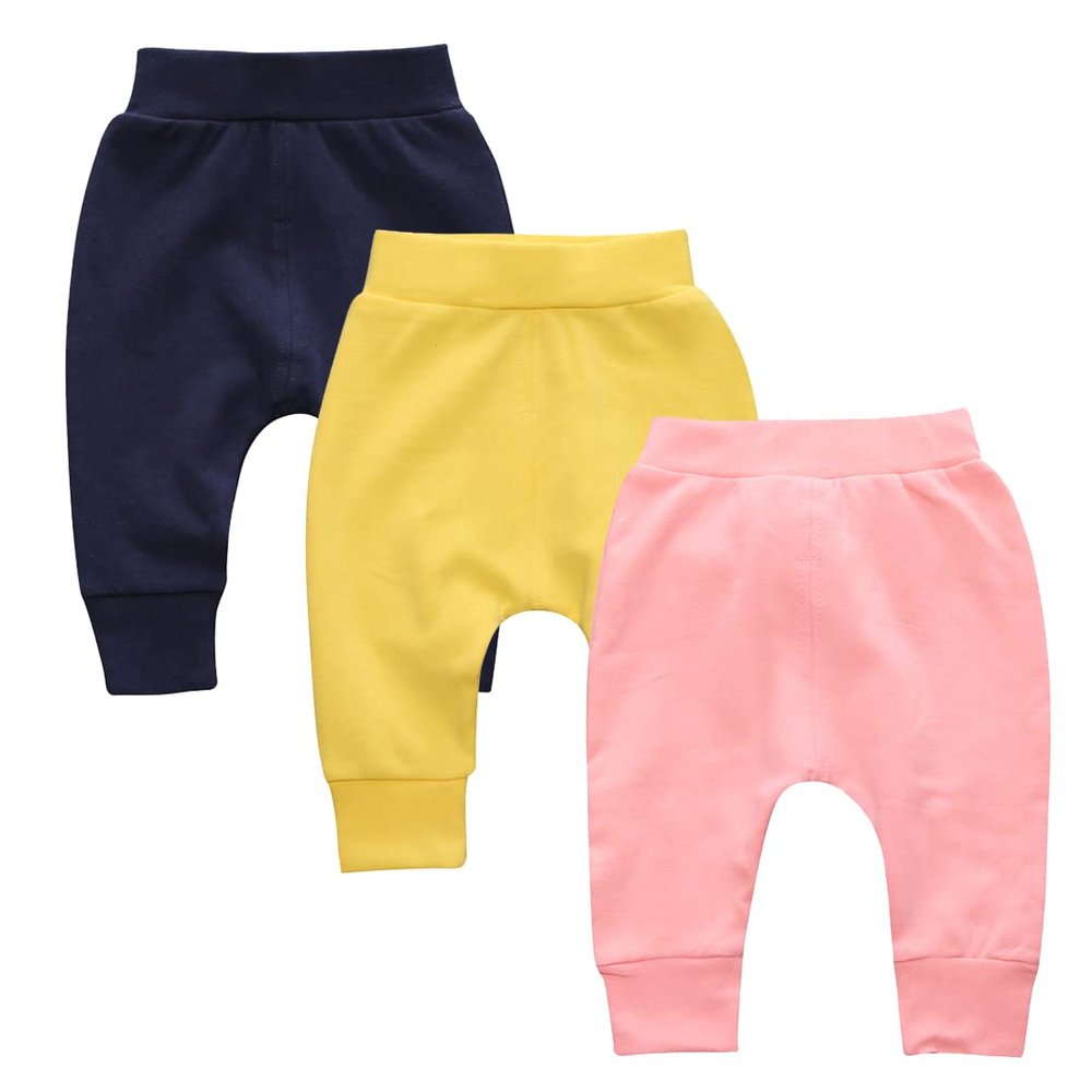 EISHOW Baby Cotton Baggy Pants, Kids Newborn Babies Harem Bottoms Sweatpants, Unisex Boys &Girls Elastic Pants Trousers (6-12 Months,3 Pack- Blue&Pink&Yellow)