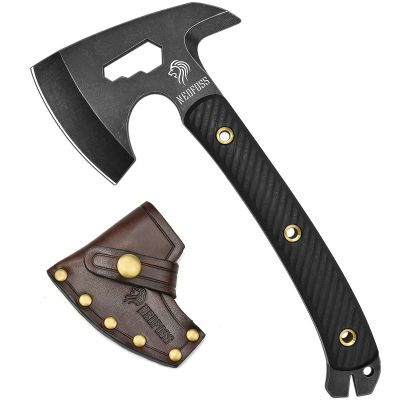 NedFoss Bison 9.8" Tactical Hatchet Axe, Tomahawk Hatchet with Genuine Leather Sheath and G10 Handle, Compact Camping Gear Bearded Axe Gifts for Men, Multifunctional Survival Axe with Spike Tool