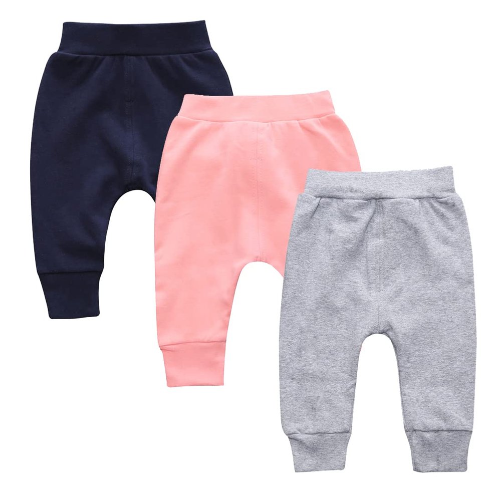 EISHOW Baby Cotton Baggy Pants, Kids Newborn Babies Harem Bottoms Sweatpants, Unisex Boys &Girls Elastic Pants Trousers (12-24 Months,3 Pack- Gray&Pink&Blue)