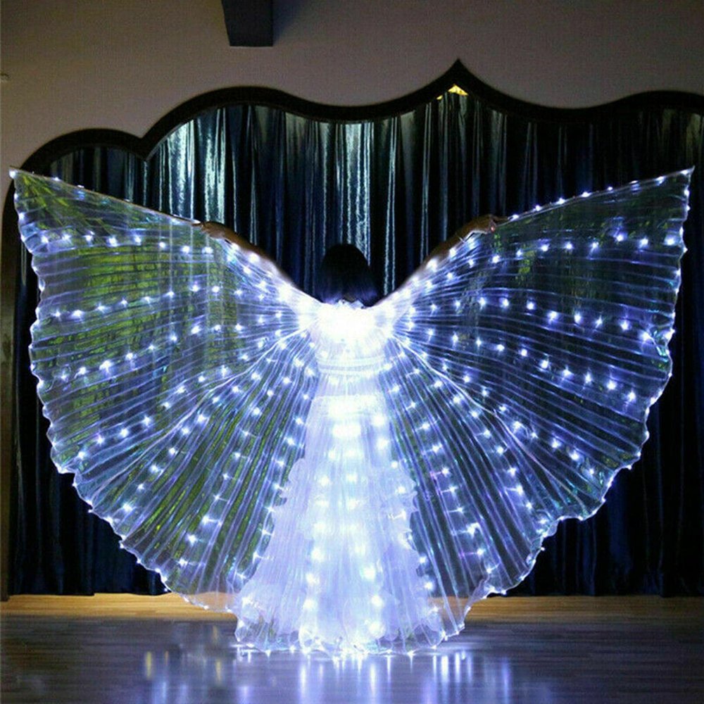 SYCOOVEN Belly Dance LED Angel Wings, Led Isis Wings, Led Butterfly Wings, Glow Angel Wings with Telescopic Stick, Bar Belly Dance Light Up Stage Wear 360 Degrees Performance Props LED Wing(White)