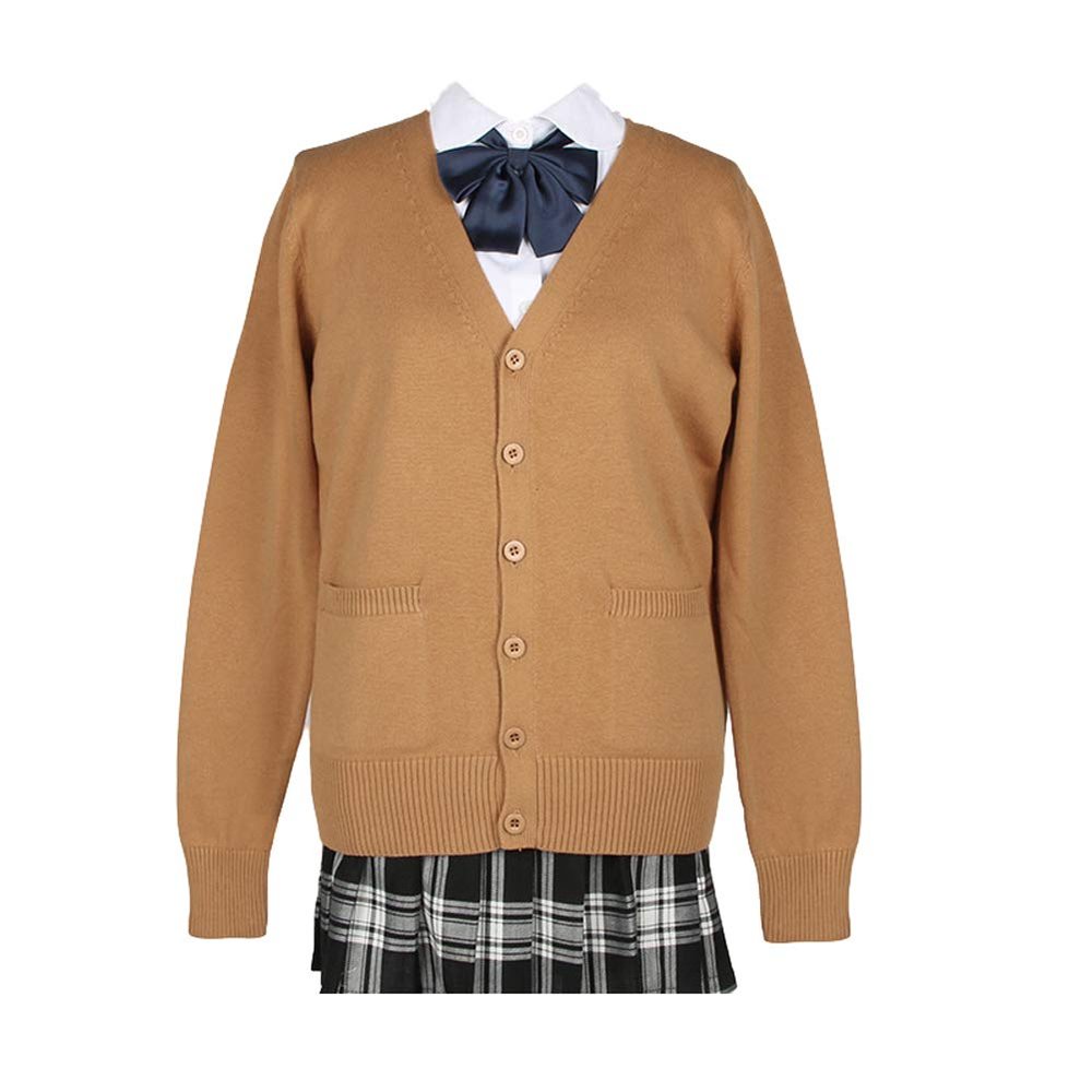 Blostirno Women's Cardigan Sweater V Neck Button Down Knit JK School Uniform Cardigans Girls Long Sleeve Coat with Pockets(Camel Tan L)