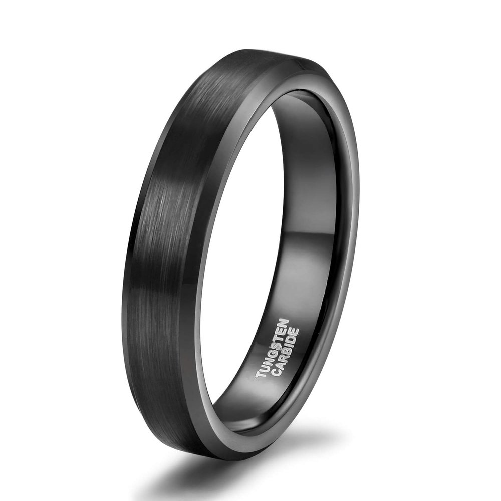 4mm Thin Black Tungsten Carbide Ring Band for Men Women Beveled Edges Brushed Comfort Fit Size 7