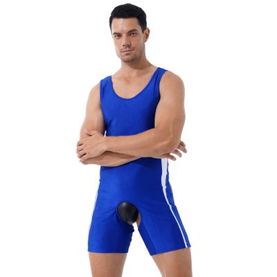 Lejafay Men's One Piece Swimsuit Backless Vest Bodysuit Slimming Jumpsuits Leotard Wrestling Singlet Blue Large