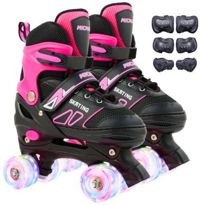 Girls' Double-Row Roller Skates with Protective Gear - One-Click 4-Size Adjustable, Safety Buckle & Brake System, Light-Up Wheels for Night Skating, Indoor/Outdoor Kids Skates (Ages 3-12)