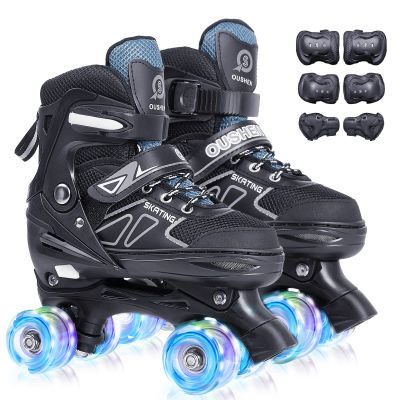 Boys' Double-Row Roller Skates with Protective Gear - One-Click 4-Size Adjustable, Safety Brake & Latch System, Rainbow Light-Up Wheels for Indoor/Outdoor Kids (Ages 3-12)