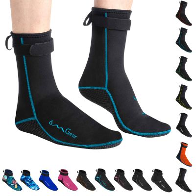 OMGear Water Socks Neoprene Socks Beach Booties Shoes 3mm Glued Blind Stitched Anti-Slip Wetsuit Boots Fin Swim Socks (3mm High Cut/Aqua, M(Men 8-9,Women 9-10))
