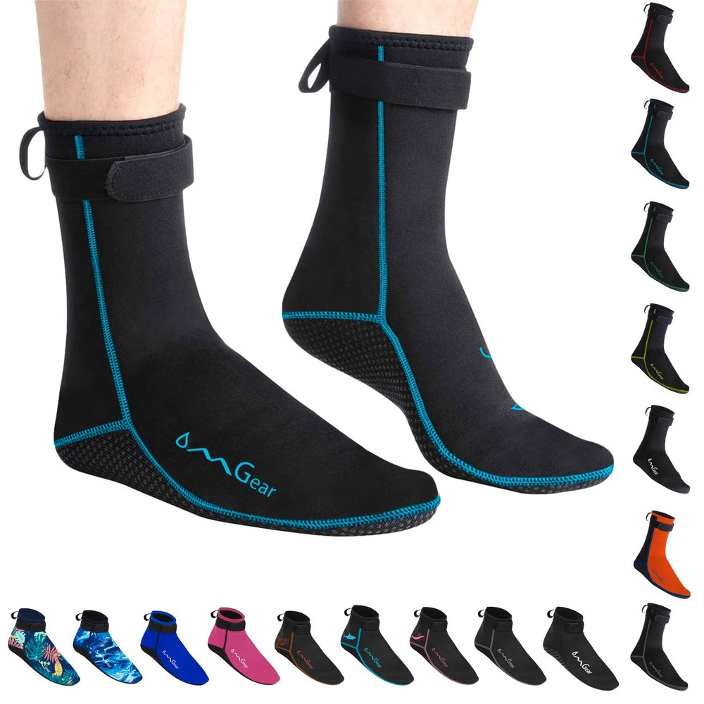 OMGear Water Socks Neoprene Socks Beach Booties Shoes 3mm Glued Blind Stitched Anti-Slip Wetsuit Boots Fin Swim Socks (3mm High Cut/Aqua, M(Men 8-9,Women 9-10))