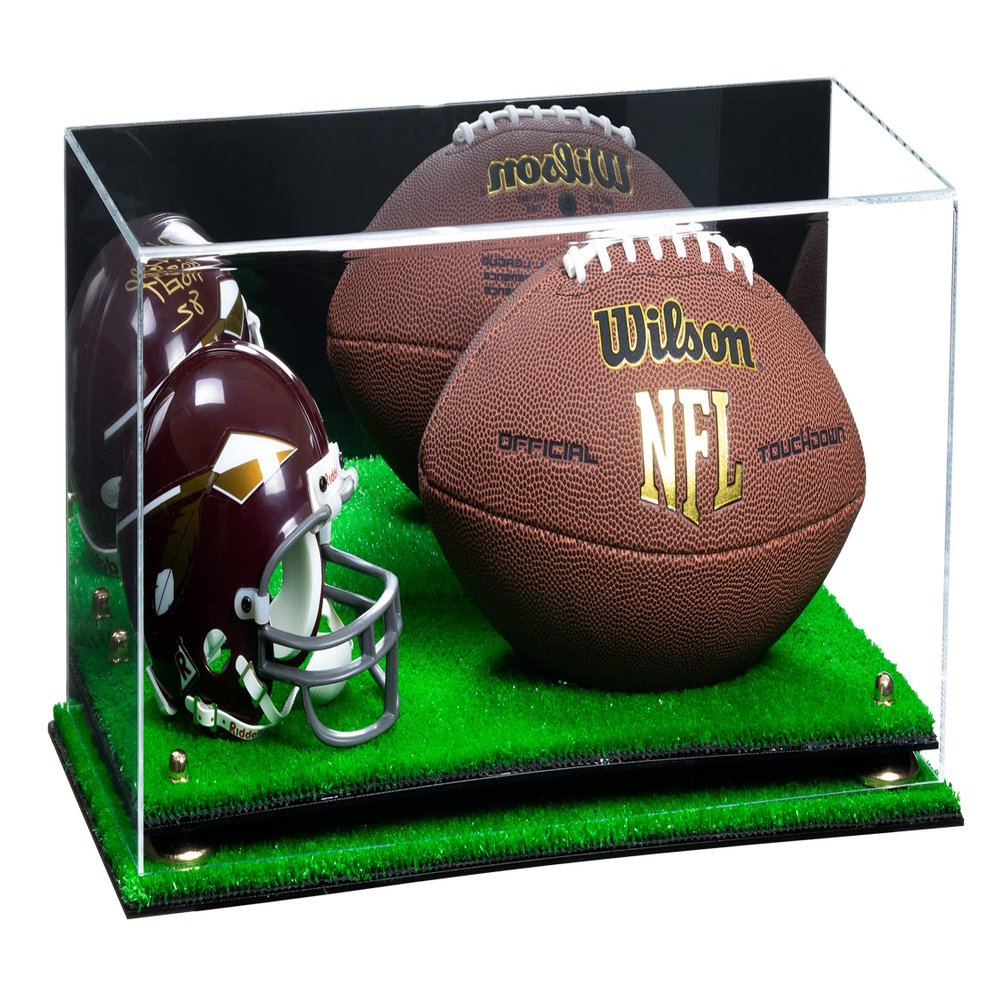 Better Display Cases Acrylic Display Case for Full Size Football and Mini Helmet - Large Rectangle Box with Mirror Case, Gold Risers and Turf Base 19.25" x 8.25" x 8" (B47/A103)