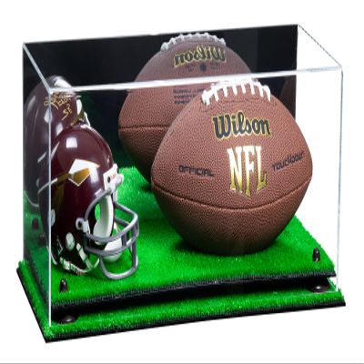 Better Display Cases Acrylic Display Case for Full Size Football and Mini Helmet - Large Rectangle Box with Mirror Case, Black Risers and Turf Base 19.25" x 8.25" x 8" (B47/A103)
