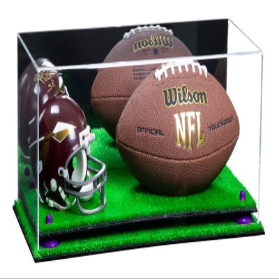 Better Display Cases Acrylic Display Case for Full Size Football and Mini Helmet - Large Rectangle Box with Mirror Case, Purple Risers and Turf Base 19.25" x 8.25" x 8" (B47/A103)