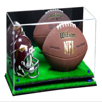 Better Display Cases Acrylic Display Case for Full Size Football and Mini Helmet - Large Rectangle Box with Mirror Case, Navy Blue Risers and Turf Base 19.25" x 8.25" x 8" (B47/A103)