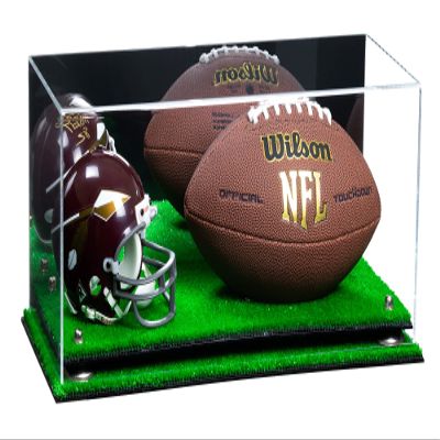 Better Display Cases Acrylic Display Case for Full Size Football and Mini Helmet - Large Rectangle Box with Mirror Case, Silver Risers and Turf Base 19.25" x 8.25" x 8" (B47/A103)