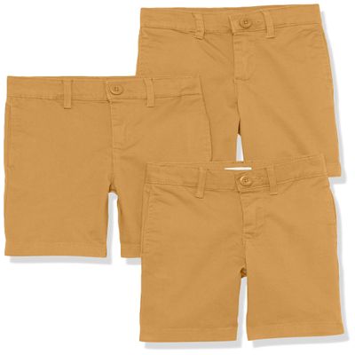 Amazon Essentials Boys' Uniform Woven Flat-Front Shorts (Wrinkle Resistant), Pack of 3, Dark Khaki Brown, 8 Plus
