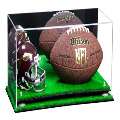 Better Display Cases Acrylic Display Case for Full Size Football and Mini Helmet - Large Rectangle Box with Mirror Case, White Risers and Turf Base 19.25" x 8.25" x 8" (B47/A103)