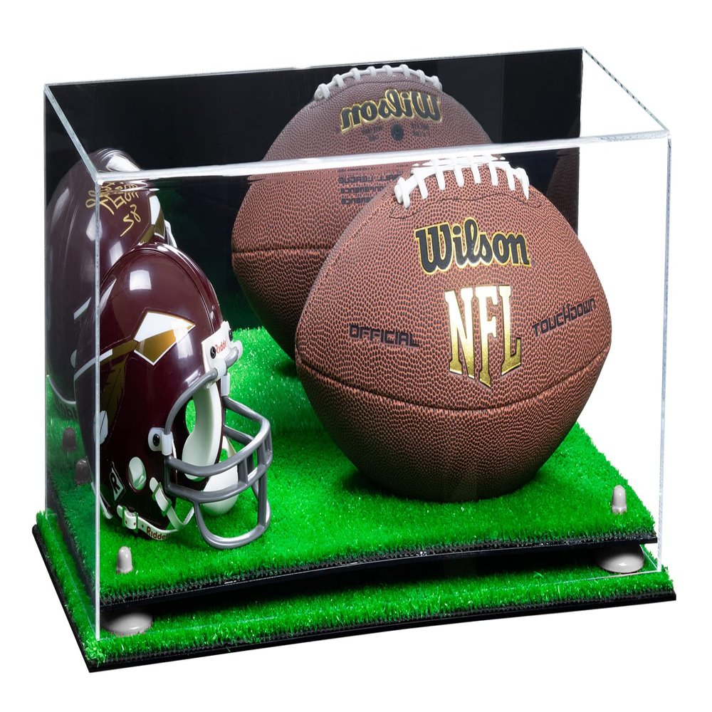 Better Display Cases Acrylic Display Case for Full Size Football and Mini Helmet - Large Rectangle Box with Mirror Case, White Risers and Turf Base 19.25" x 8.25" x 8" (B47/A103)