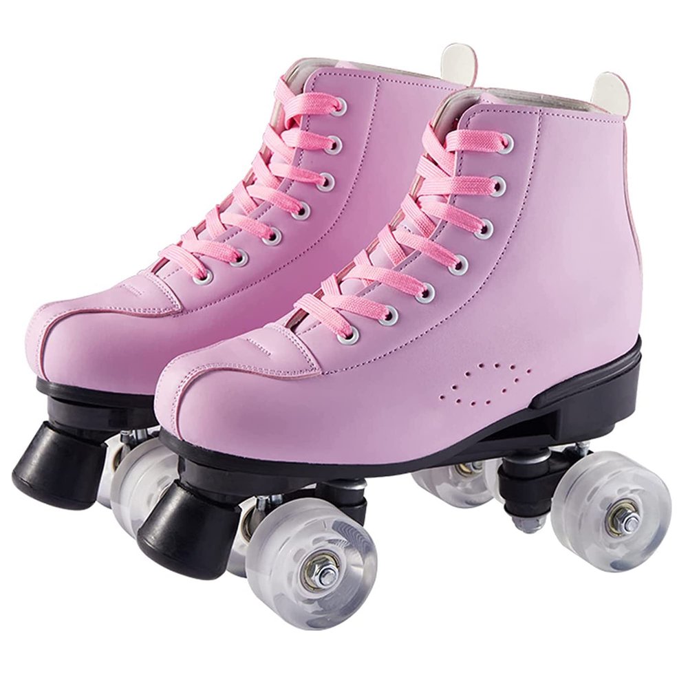 Classic Quad Roller Skates for Women and Men, High-Top PU Leather Double Row 4 Wheels Roller Skates for Indoor Outdoor Unisex Beginners Adult Teens Kids (Pink,US Women9/Men7.5)