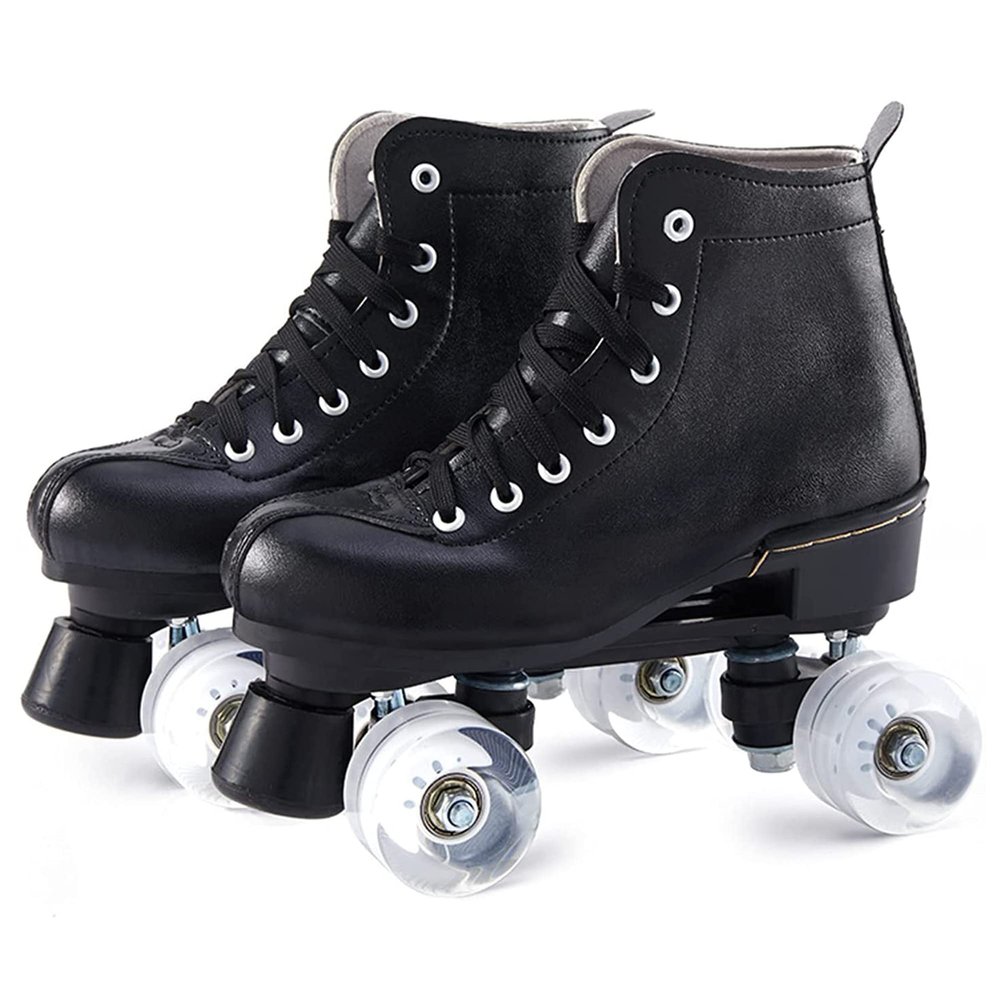 Classic Quad Roller Skates for Women and Men, High-Top PU Leather Double Row 4 Wheels Roller Skates for Indoor Outdoor Unisex Beginners Adult Teens Kids (Black,US Women5/Men3.5)