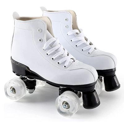 Classic Quad Roller Skates for Women and Men, High-Top PU Leather Double Row 4 Wheels Roller Skates for Indoor Outdoor Unisex Beginners Adult Teens Kids (White,US Women9/Men7.5)
