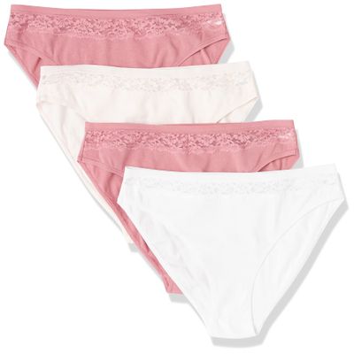Amazon Essentials Women's Cotton and Lace Bikini Underwear, Pack of 4, Bright White/Pale Pink/Mauve, XX-Small