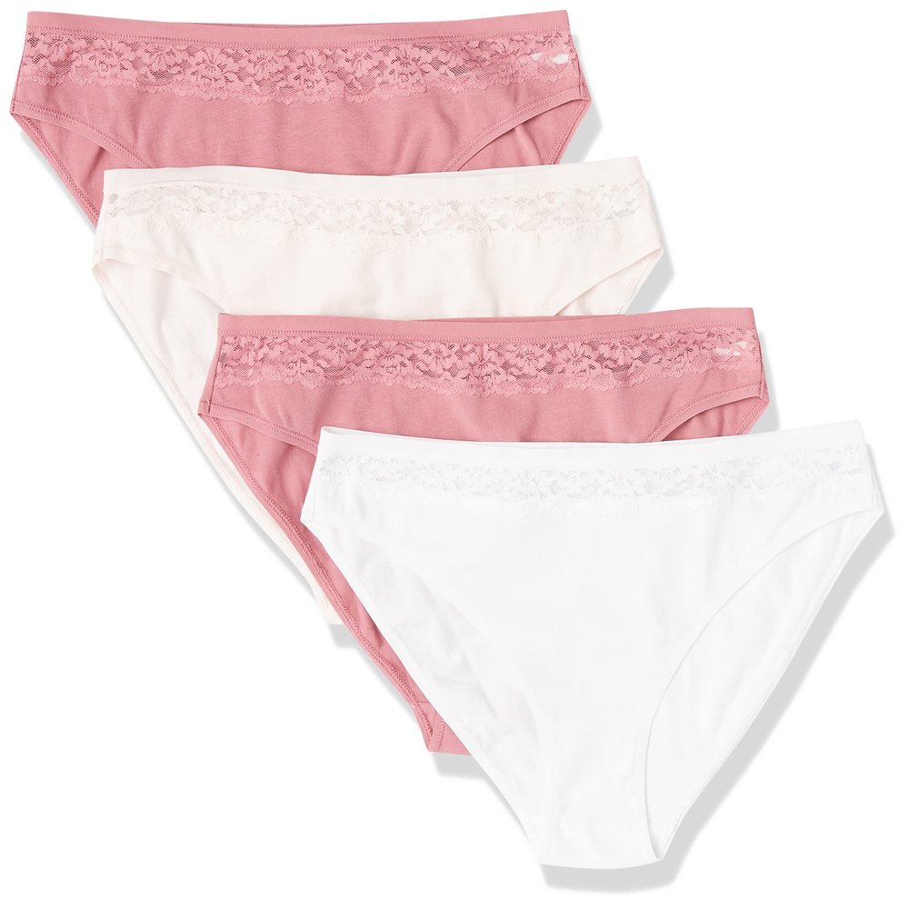 Amazon Essentials Women's Cotton and Lace Bikini Underwear, Pack of 4, Bright White/Pale Pink/Mauve, XX-Small
