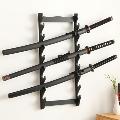 awagas 8 Tier Sword Holder Wall Mount, Display Sword Rack Black Samurai Katana Stand for Wakizashi Flute Fishing Rods Storage Festival Gifts Hobby Collection
