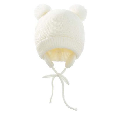 Baby Hat Winter Warm Pom Pom Hats Knit Earflap Cap Beanie Cute Bear Todder for Boys Girls (White)