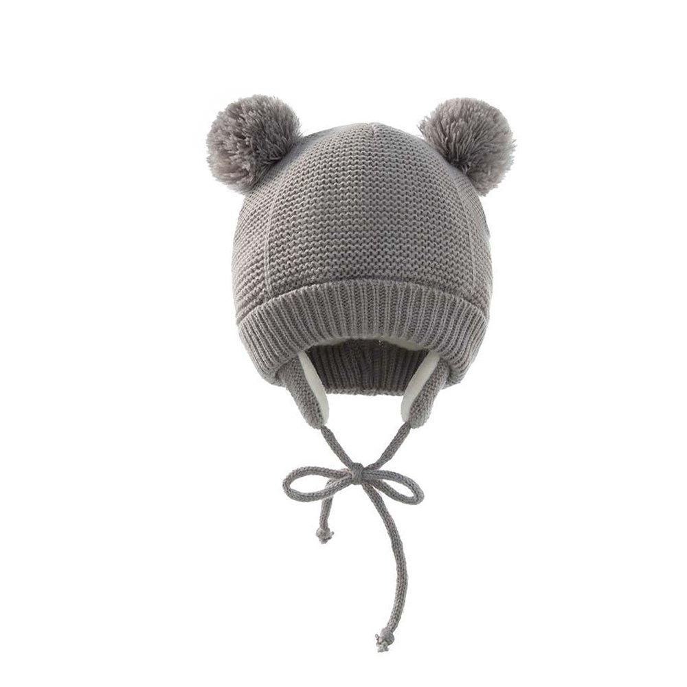 Baby Hat Winter Warm Pom Pom Hats Knit Earflap Cap Beanie Cute Bear Todder for Boys Girls (Grey)