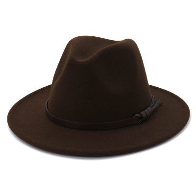 Bluelanss Womens Classic Wide Brim Floppy Panama Hat Belt Buckle Wool Fedora Hat Ladies Fashion Hats Coffee
