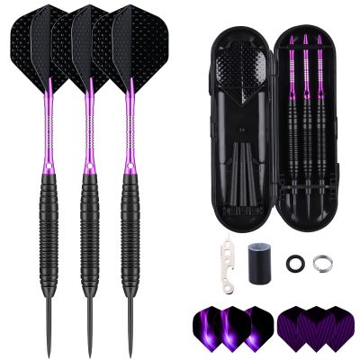 Steel Tip Darts Set for Dartboard, Professional Darts with Metal Tip 22 Grams Purple Aluminium Shafts 9 Flights 50 Rubber O-Rings 12 Spring Rings 1 Dart Sharpener Tool