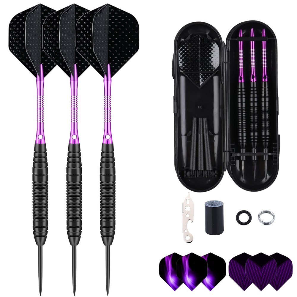 Steel Tip Darts Set for Dartboard, Professional Darts with Metal Tip 22 Grams Purple Aluminium Shafts 9 Flights 50 Rubber O-Rings 12 Spring Rings 1 Dart Sharpener Tool