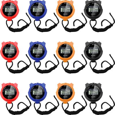 TOODOO 12 Pack Multi Function Digital Stopwatch Timer Bulk Sports Stopwatch with Lanyard Plastic Display Waterproof Date Time Alarm Timer for Coaches Fitness Referees(Black Blue Red Orange)