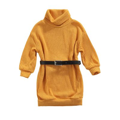 kacubwyy 2-7T Kids Casual Dress Toddler Girls Solid Color Knitted Turtleneck Long Sleeves Loose Waist Belt Sweater Dress (Yellow, 4-5T)