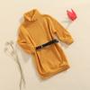 kacubwyy 2-7T Kids Casual Dress Toddler Girls Solid Color Knitted Turtleneck Long Sleeves Loose Waist Belt Sweater Dress (Yellow, 4-5T) view 3