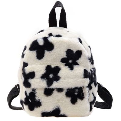 AnsenSUN Women Faux Plush Tote Bag Backpack, Plush Backpack, Preppy Style Flowers Printing Casual Knapsack, Mini Rucksacks Black and White 240*210*10mm