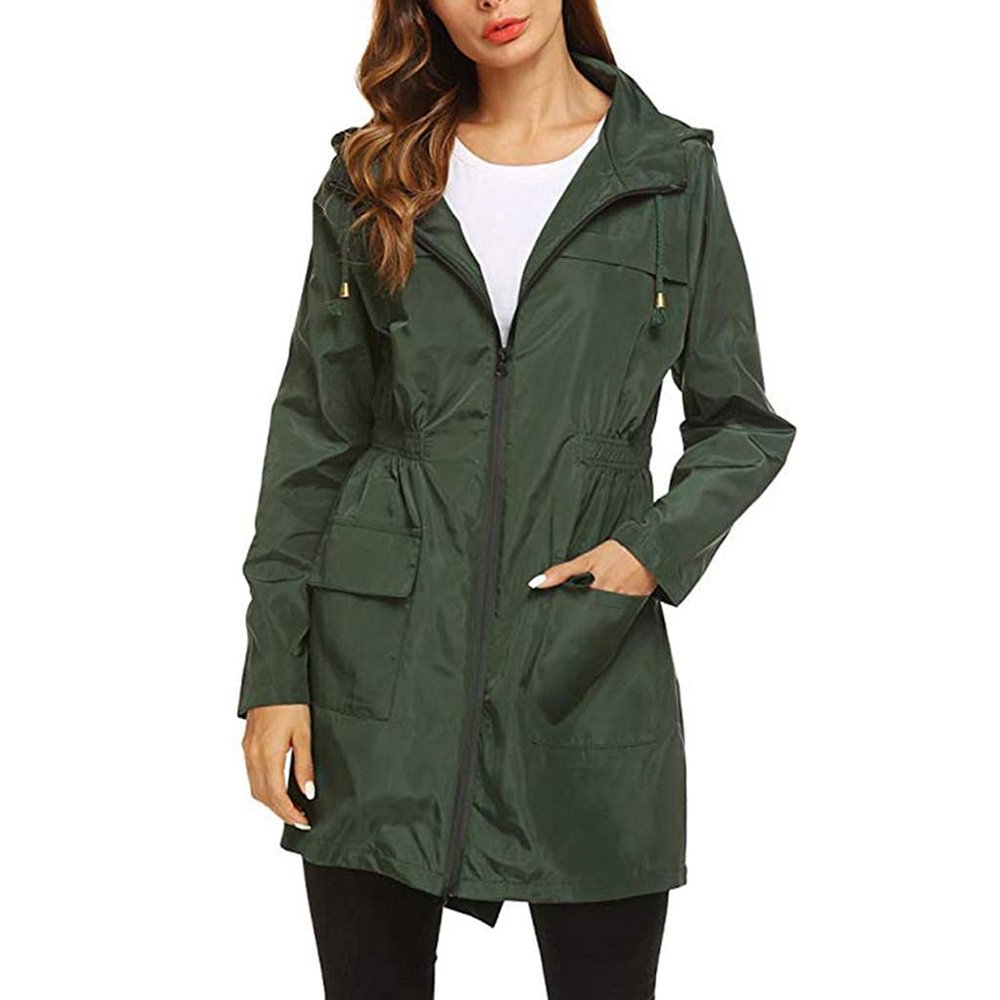 Womens Long Tunic Anoraks Autumn Outdoor Travel Waterproof Windbreaker Jacket Ladies Zipper Hooded Overcoat Outwear