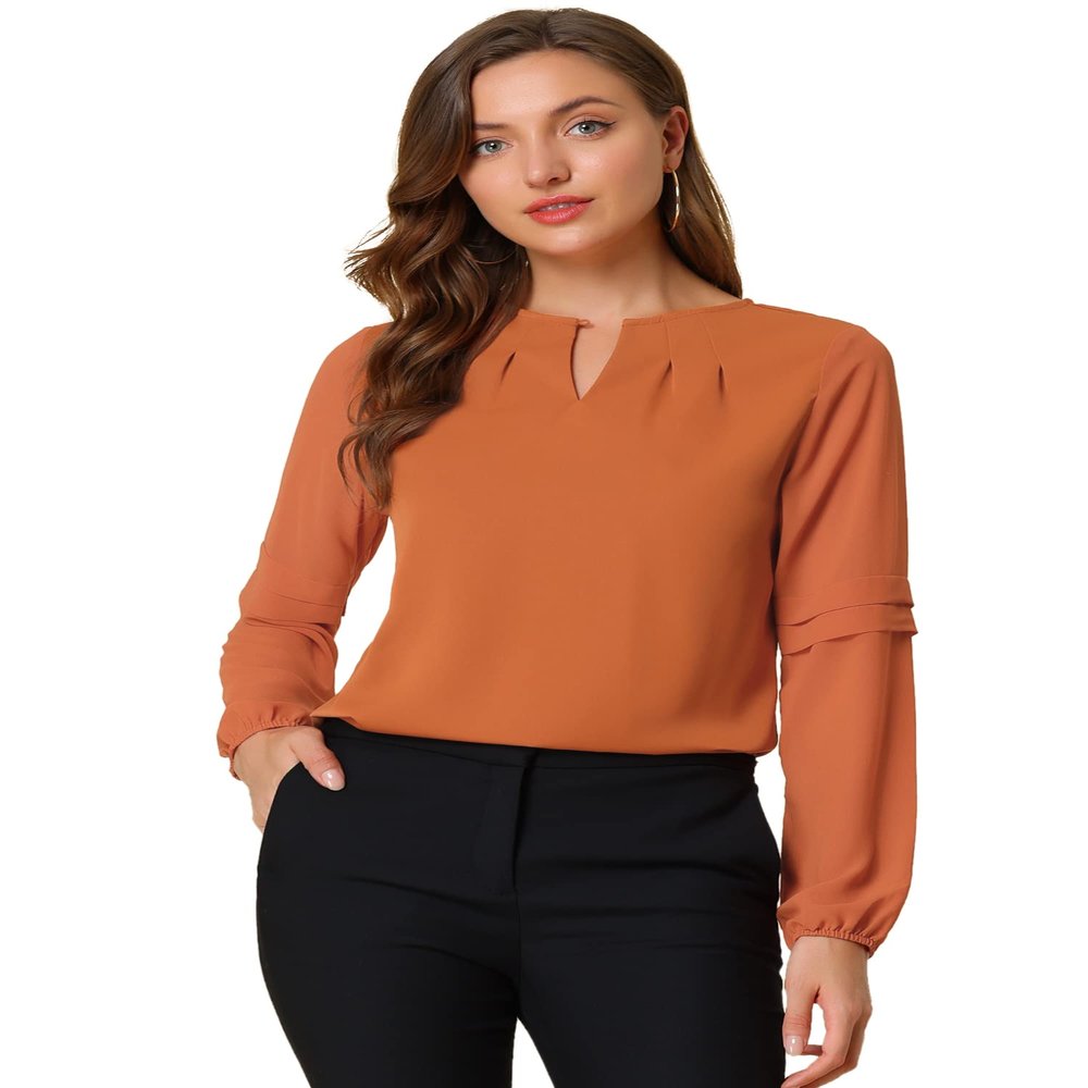 Allegra K Women's Work Tops Keyhole Neck Long Sleeve Work Shirts Blouse Dressy Casual Business Shirt Large Orange